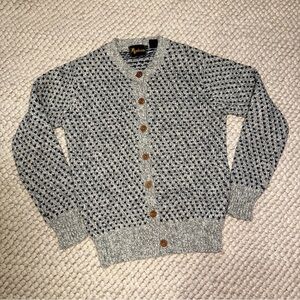 Marissa Gray and navy alpine ragg wool blend Knit Cardigan with Wooden Buttons